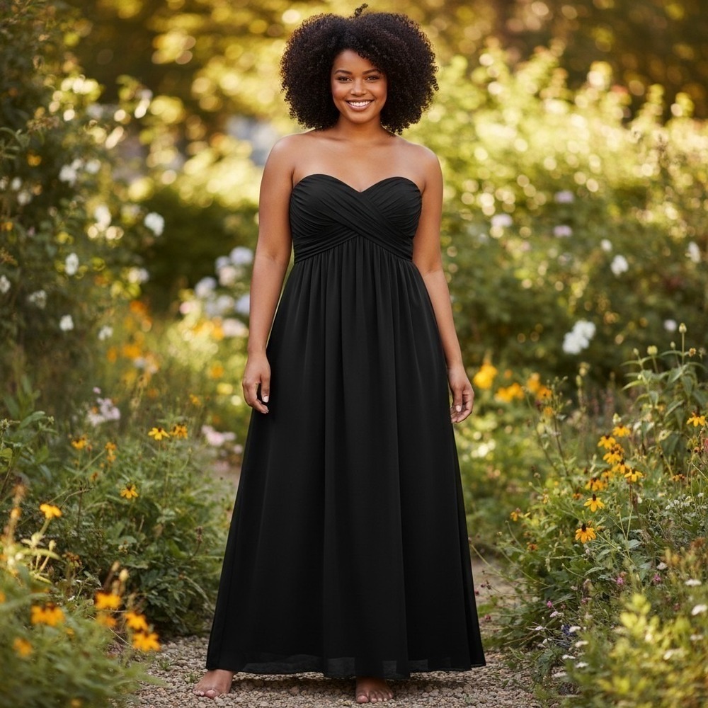 Christina Wu Black Strapless Ruched Empire Waist Chiffon Maxi Gown 24 Formal